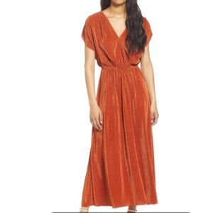 FLORET STUDIOS Plissé Pleated Maxi Surplice Dress